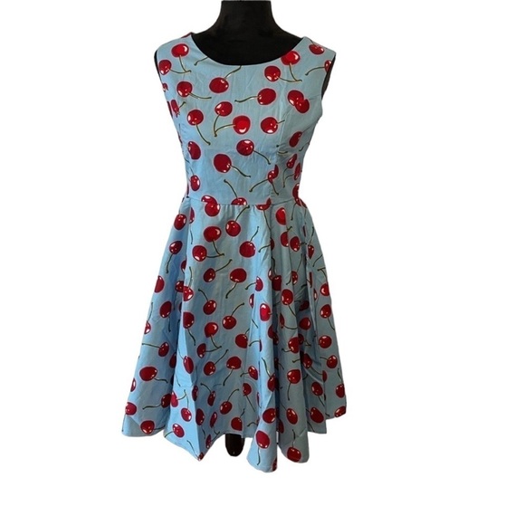 NWT womens PIN-UP BLUE DRESS WITH RED CHERRYS style dress SIZE MEDIUM - Picture 3 of 6